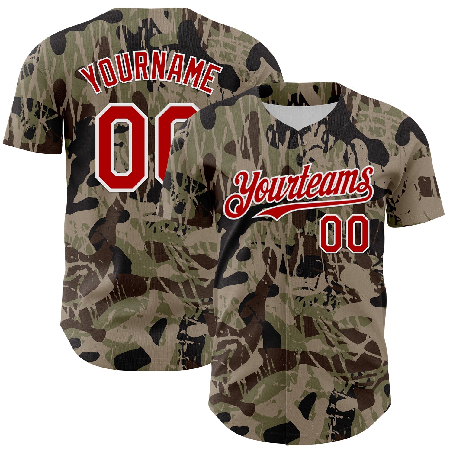 Custom Camo Red-White 3D Pattern Design Burner Costumes Grunge Camo Authentic Salute To Service Baseball Jersey - Main View