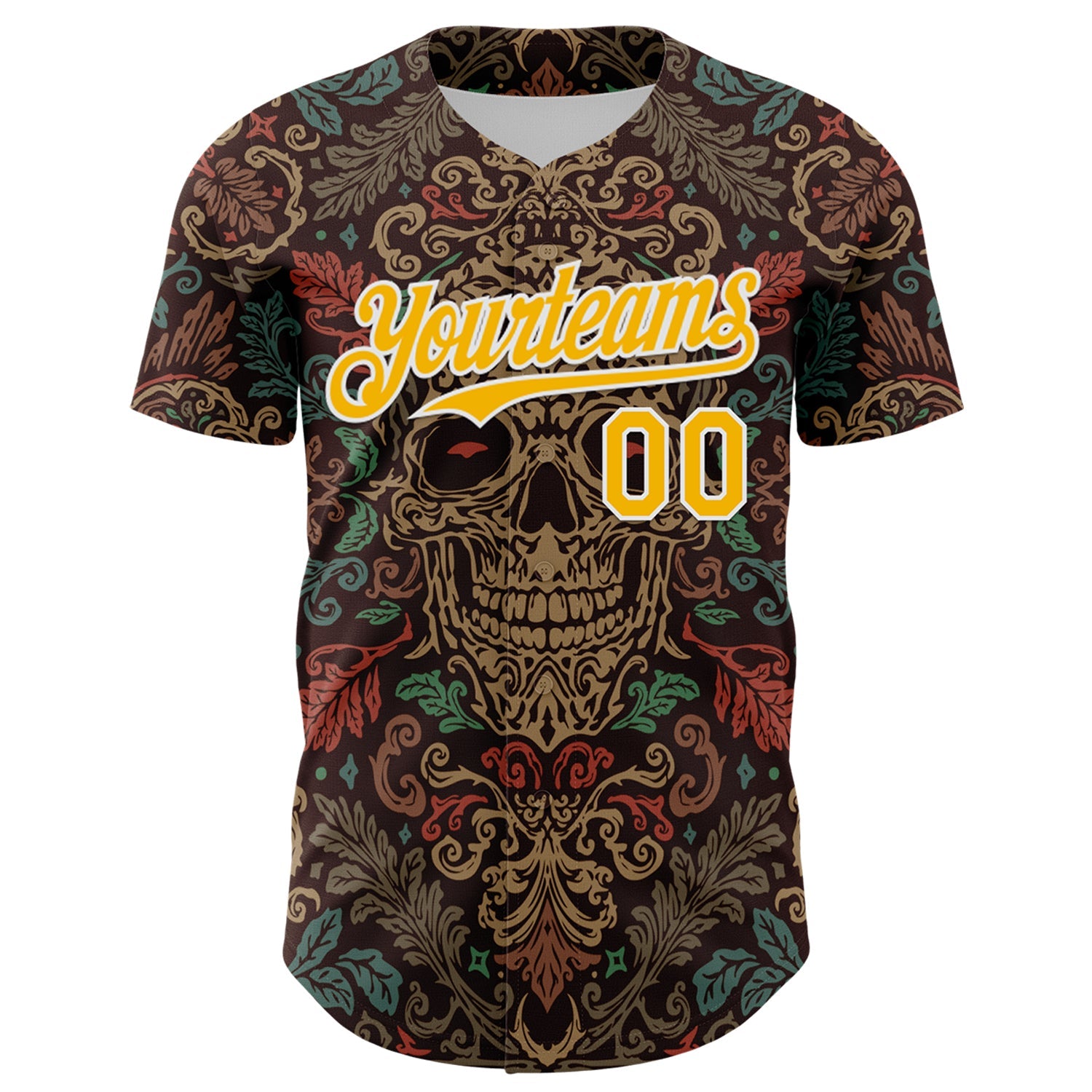 Custom Brown Gold-White 3D Pattern Design Burner Costumes Skull Floral Authentic Baseball Jersey view 2