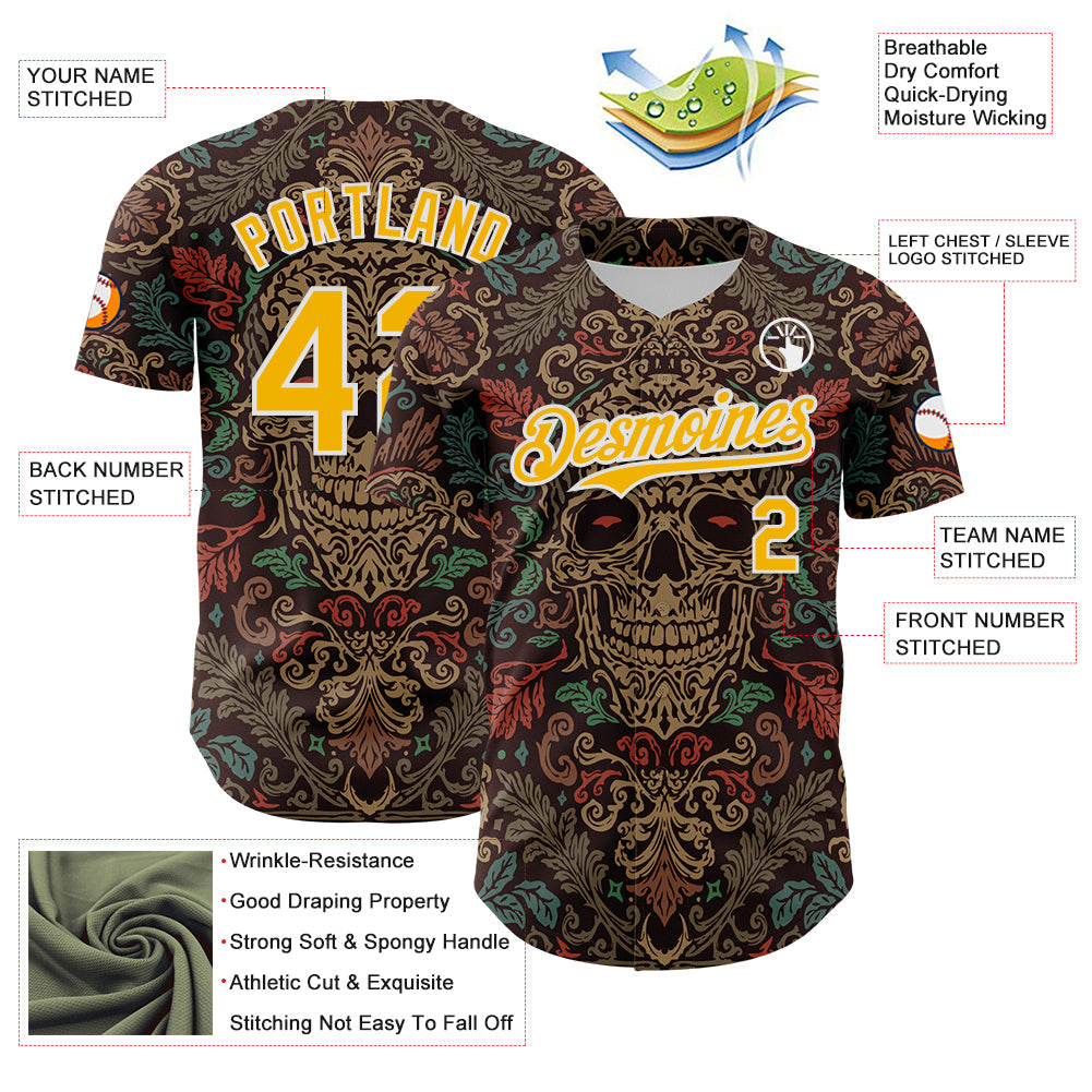 Custom Brown Gold-White 3D Pattern Design Burner Costumes Skull Floral Authentic Baseball Jersey view 3