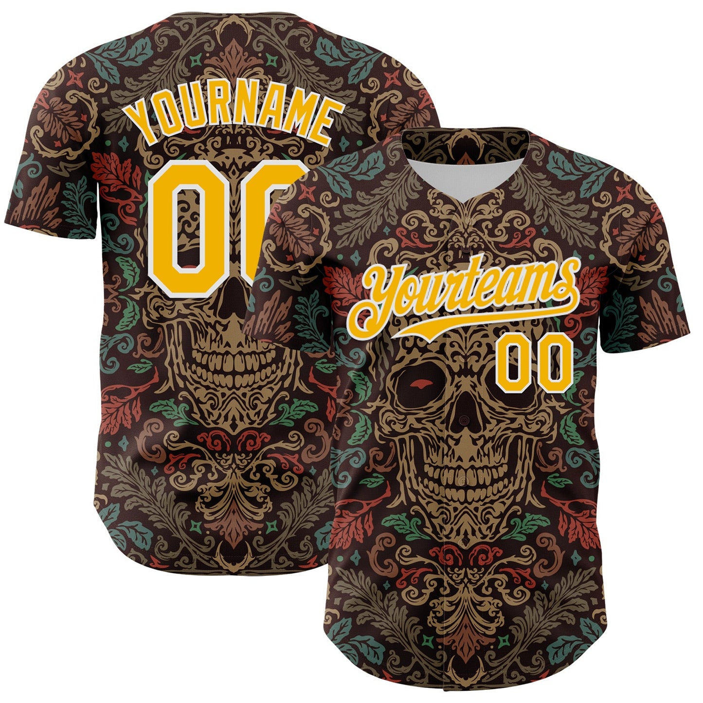 Custom Brown Gold-White 3D Pattern Design Burner Costumes Skull Floral Authentic Baseball Jersey - Main View