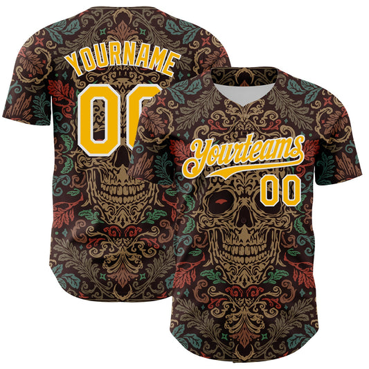 Custom Brown Gold-White 3D Pattern Design Burner Costumes Skull Floral Authentic Baseball Jersey - Main View