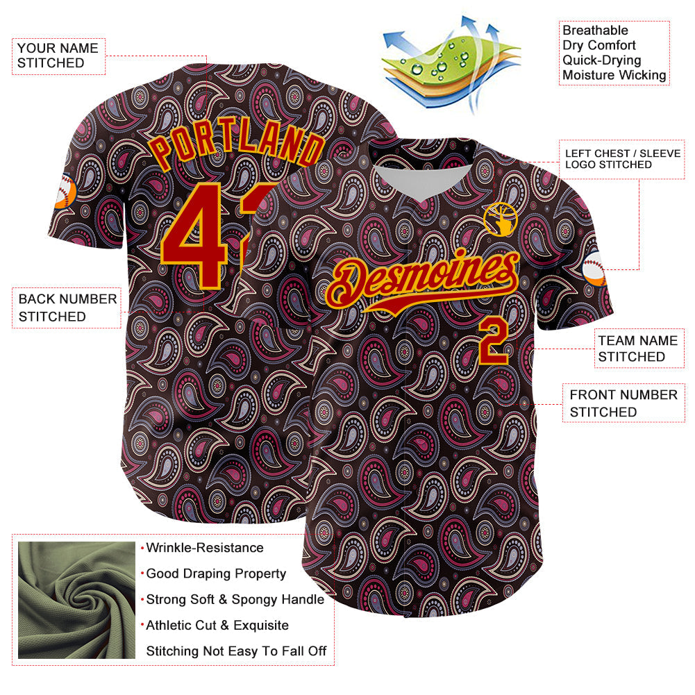 Custom Brown Red-Gold 3D Pattern Design Burner Costumes Paisley Bandana Authentic Baseball Jersey view 3