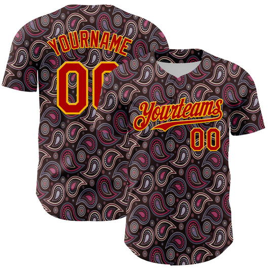 Custom Brown Red-Gold 3D Pattern Design Burner Costumes Paisley Bandana Authentic Baseball Jersey - Main View