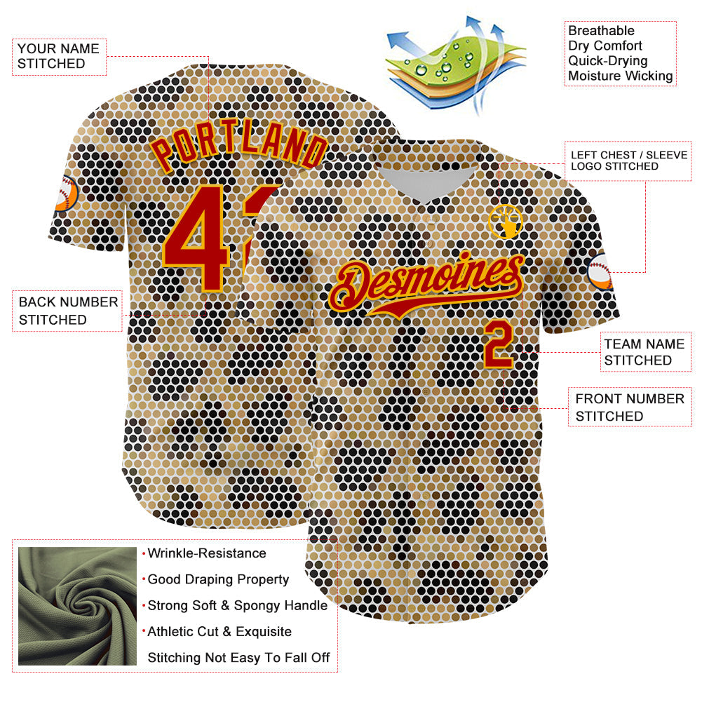 Custom Cream Red-Gold 3D Pattern Design Burner Costumes Leopard Mosaic Authentic Baseball Jersey view 3
