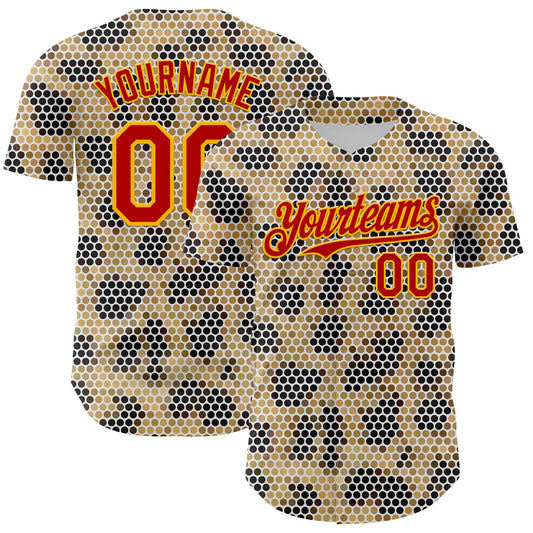 Custom Cream Red-Gold 3D Pattern Design Burner Costumes Leopard Mosaic Authentic Baseball Jersey - Main View