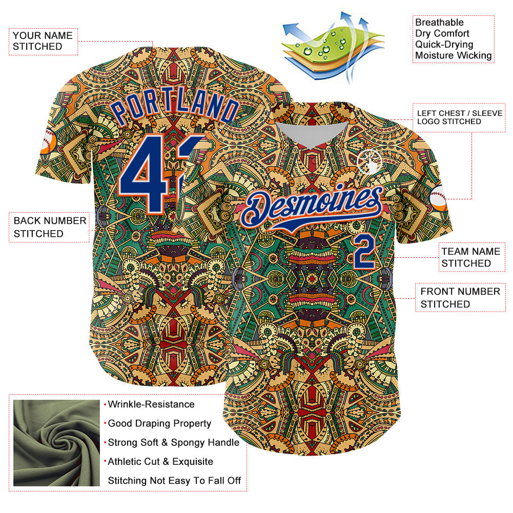 Custom Green Royal White-Orange 3D Pattern Design Burner Costumes Exotic Authentic Baseball Jersey view 3