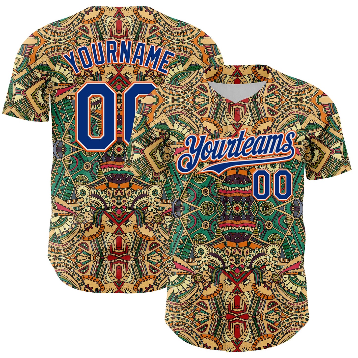 Custom Green Royal White-Orange 3D Pattern Design Burner Costumes Exotic Authentic Baseball Jersey - Main View