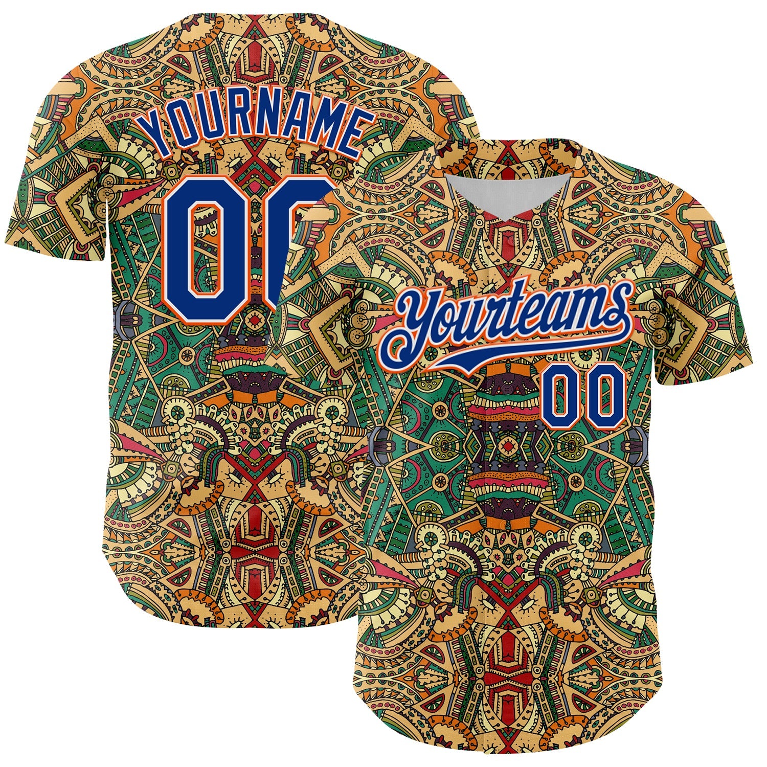 Custom Green Royal White-Orange 3D Pattern Design Burner Costumes Exotic Authentic Baseball Jersey - Main View