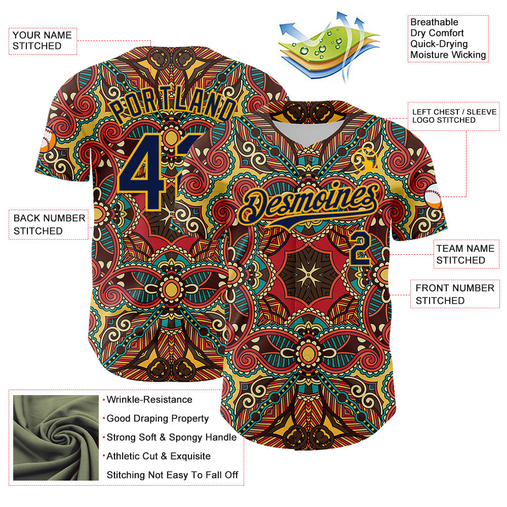 Custom Red Navy-Gold 3D Pattern Design Burner Costumes Exotic Authentic Baseball Jersey view 3