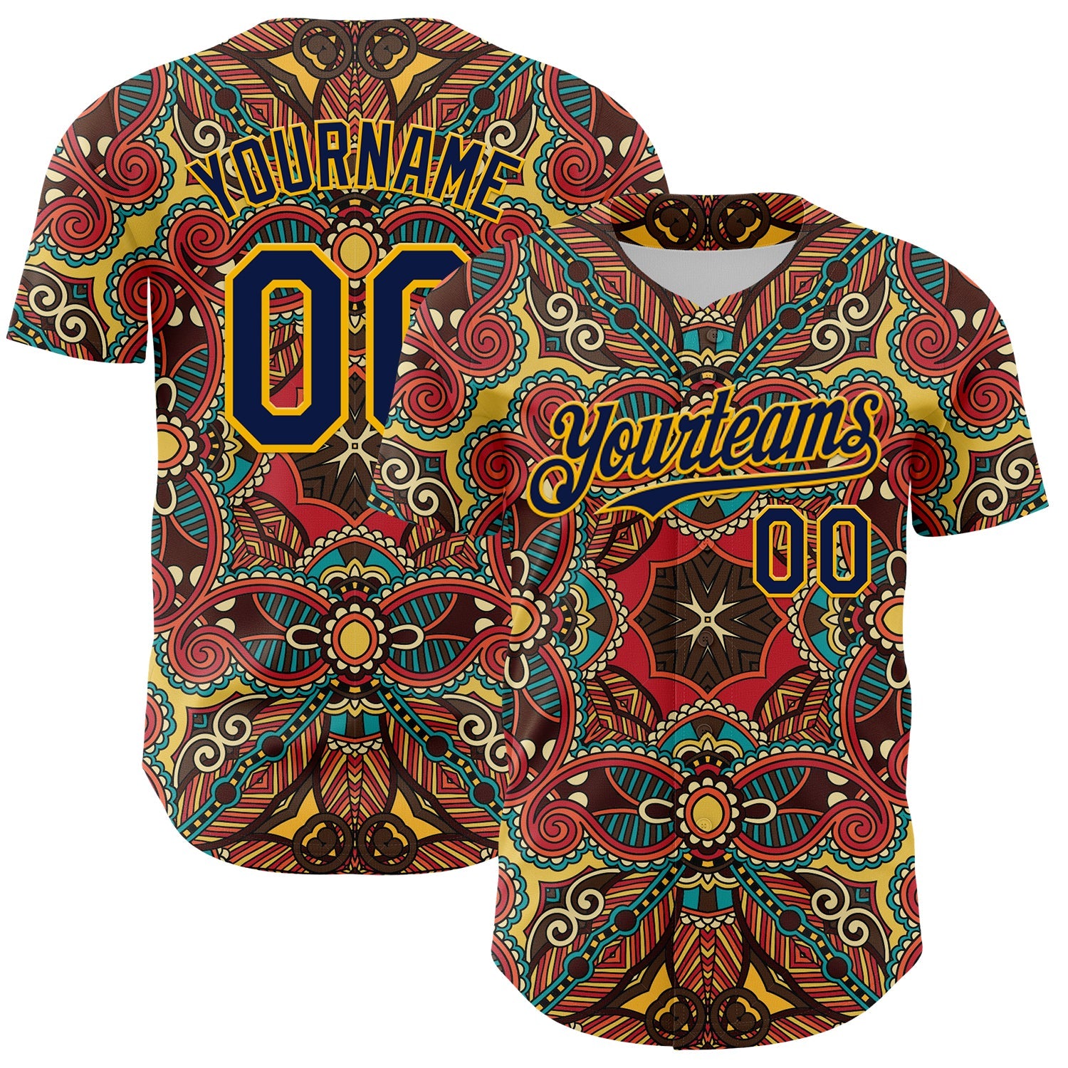Custom Red Navy-Gold 3D Pattern Design Burner Costumes Exotic Authentic Baseball Jersey - Main View