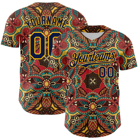 Custom Red Navy-Gold 3D Pattern Design Burner Costumes Exotic Authentic Baseball Jersey - Main View