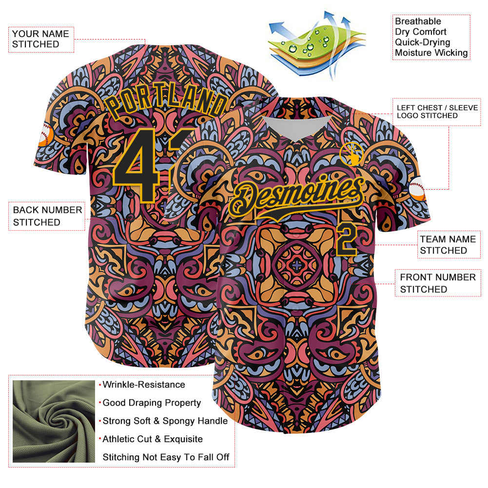 Custom Purple Black-Gold 3D Pattern Design Burner Costumes Exotic Authentic Baseball Jersey view 3
