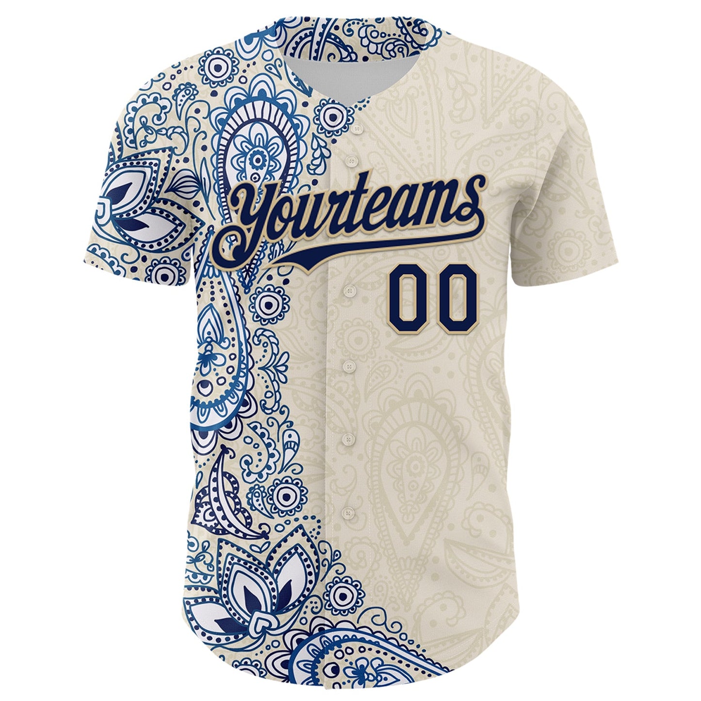 Custom Cream Navy Royal-Vegas Gold 3D Pattern Design Burner Costumes Paisley Authentic Baseball Jersey view 2