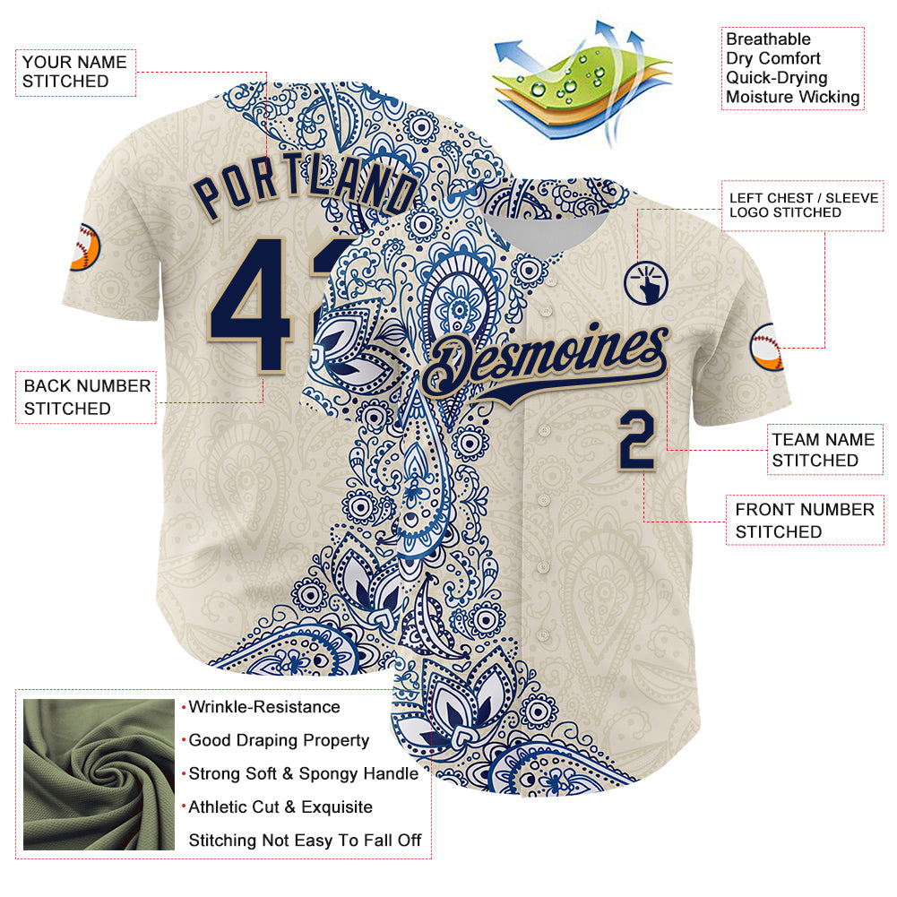 Custom Cream Navy Royal-Vegas Gold 3D Pattern Design Burner Costumes Paisley Authentic Baseball Jersey view 3