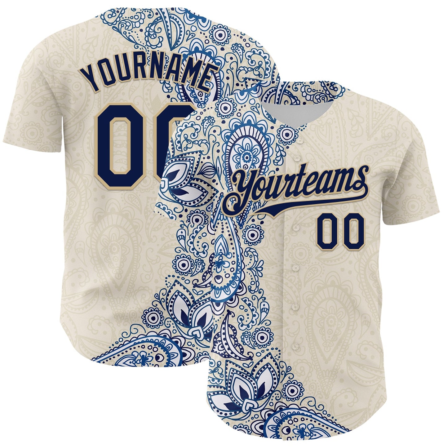 Custom Cream Navy Royal-Vegas Gold 3D Pattern Design Burner Costumes Paisley Authentic Baseball Jersey - Main View