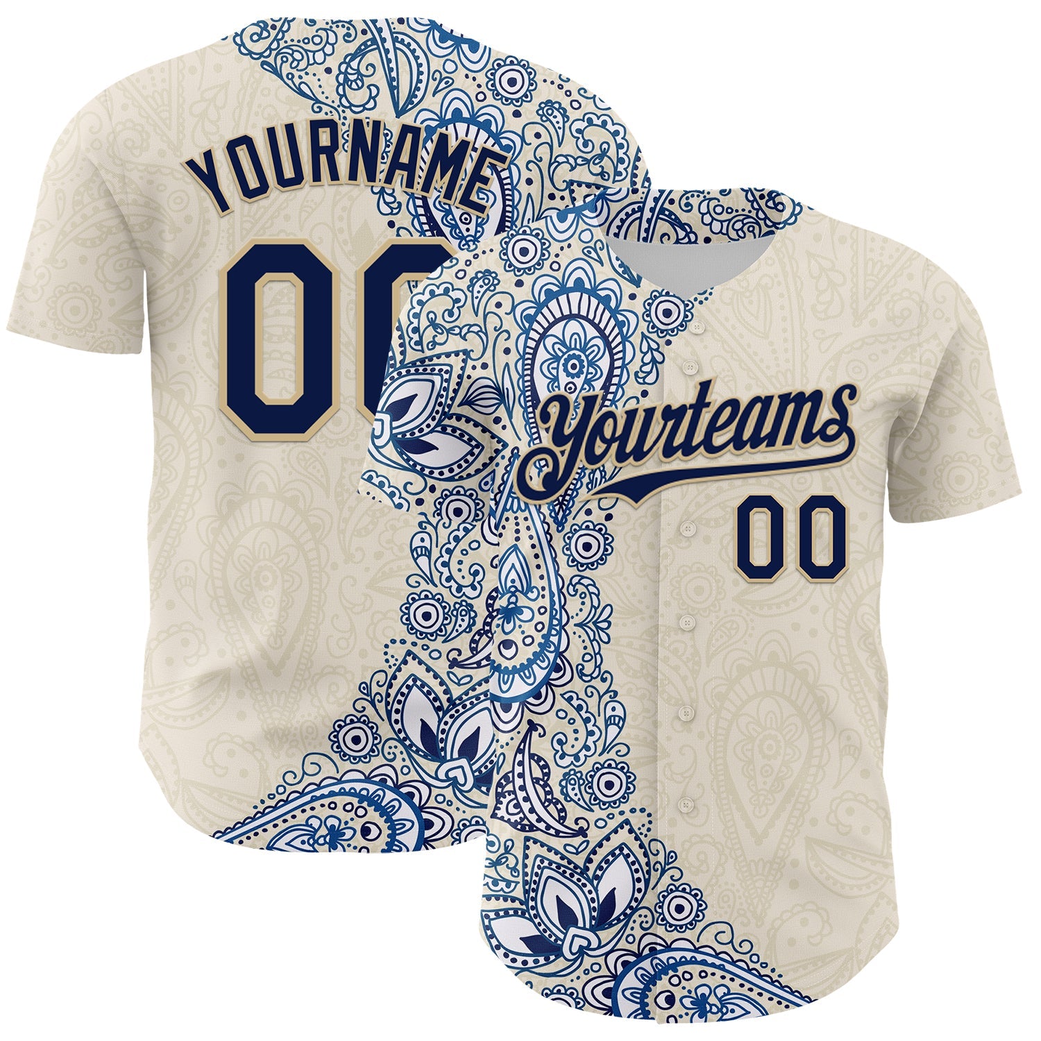Custom Cream Navy Royal-Vegas Gold 3D Pattern Design Burner Costumes Paisley Authentic Baseball Jersey - Main View