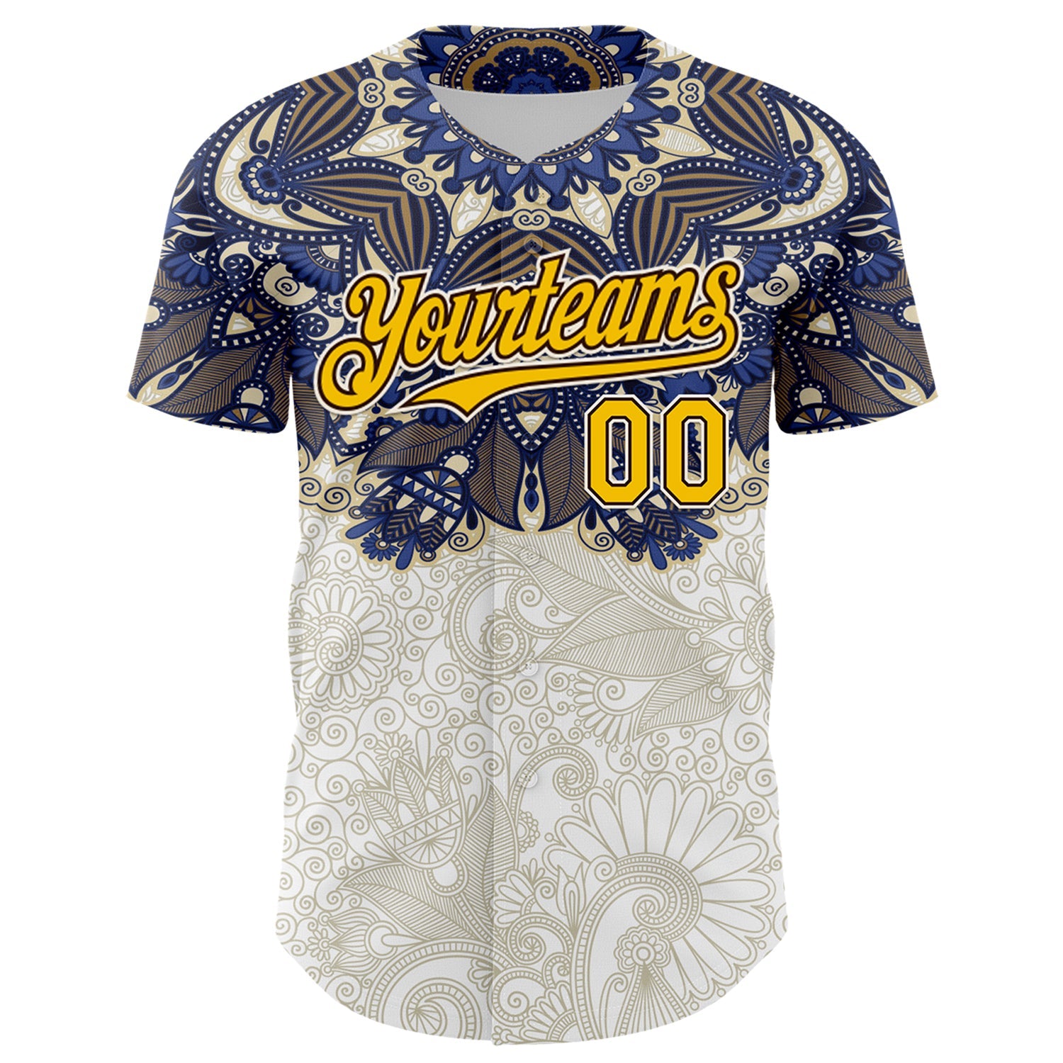 Custom White Yellow-Brown 3D Pattern Design Burner Costumes Paisley Authentic Baseball Jersey view 2