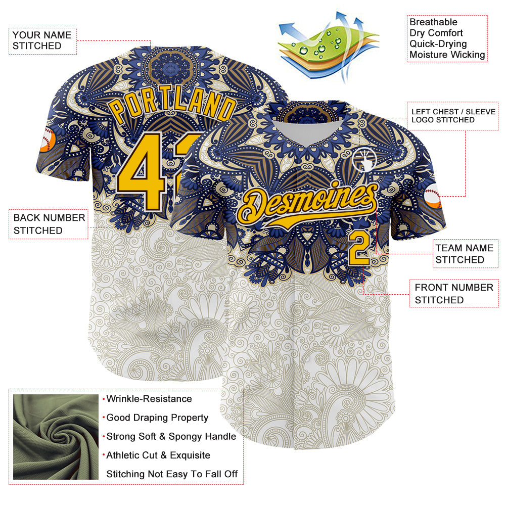 Custom White Yellow-Brown 3D Pattern Design Burner Costumes Paisley Authentic Baseball Jersey view 3