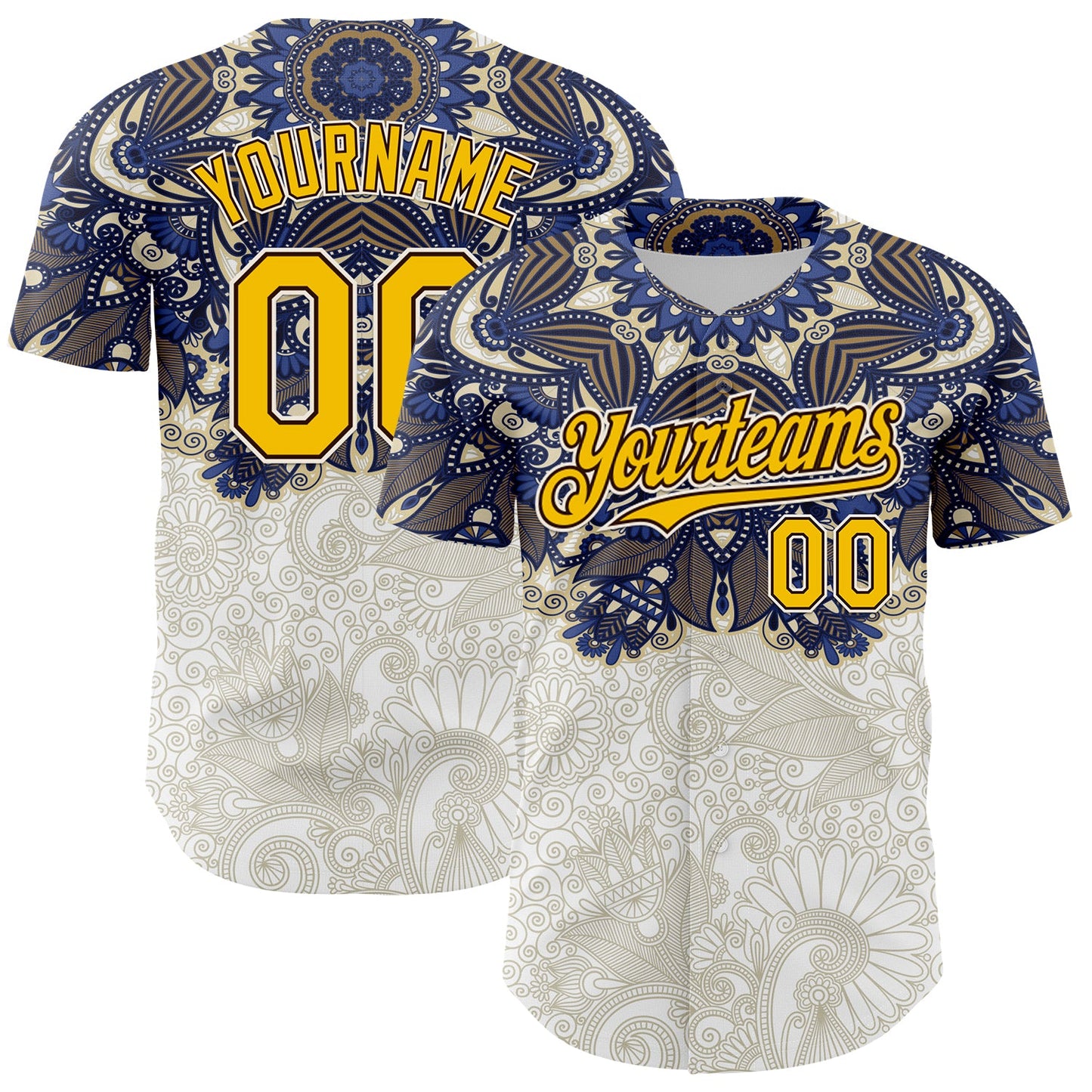 Custom White Yellow-Brown 3D Pattern Design Burner Costumes Paisley Authentic Baseball Jersey - Main View