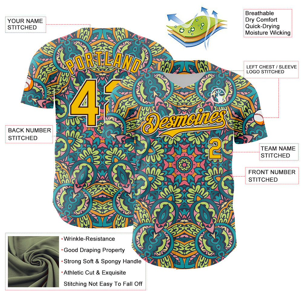 Custom Green Yellow Brown-White 3D Pattern Design Burner Costumes Exotic Authentic Baseball Jersey view 3