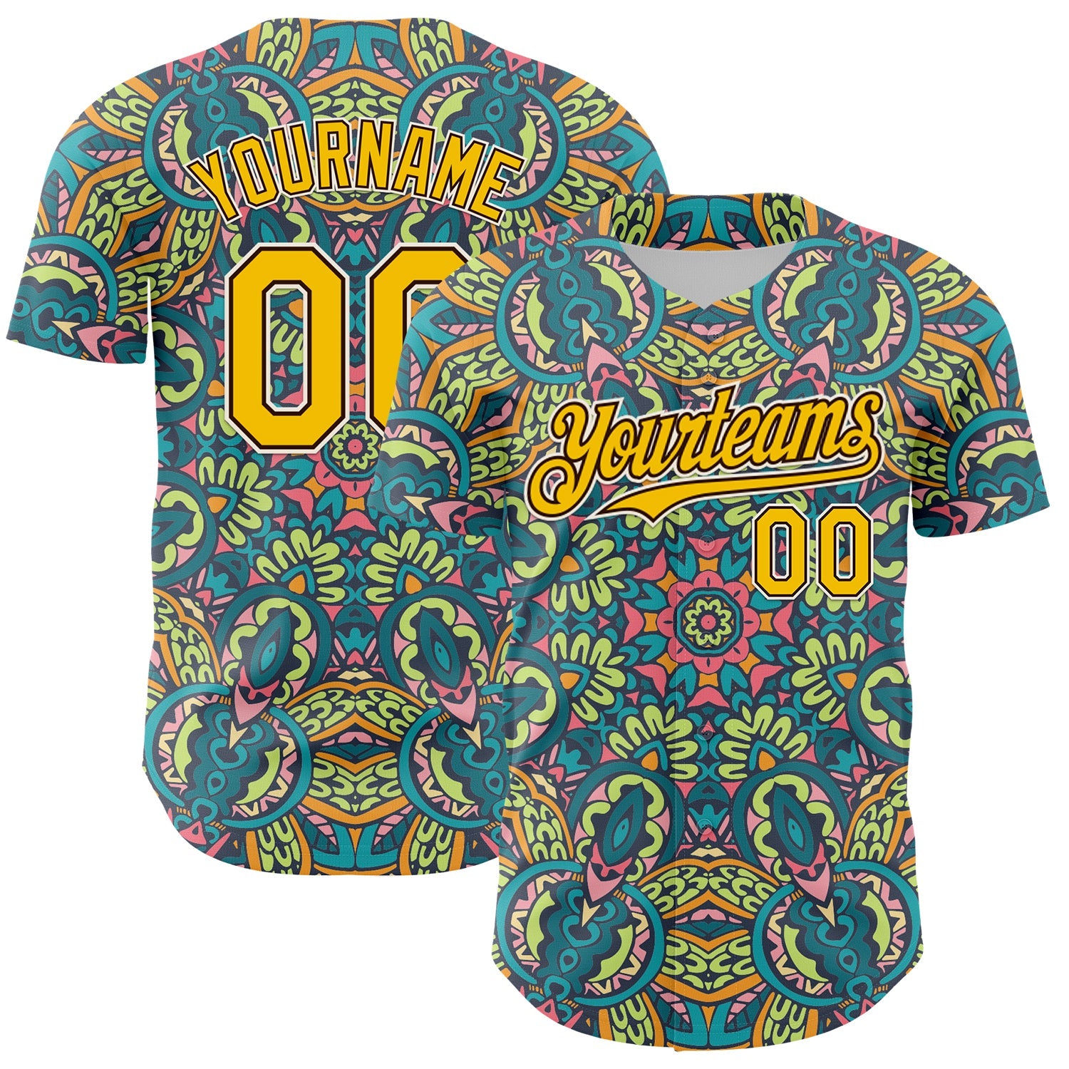 Custom Green Yellow Brown-White 3D Pattern Design Burner Costumes Exotic Authentic Baseball Jersey - Main View