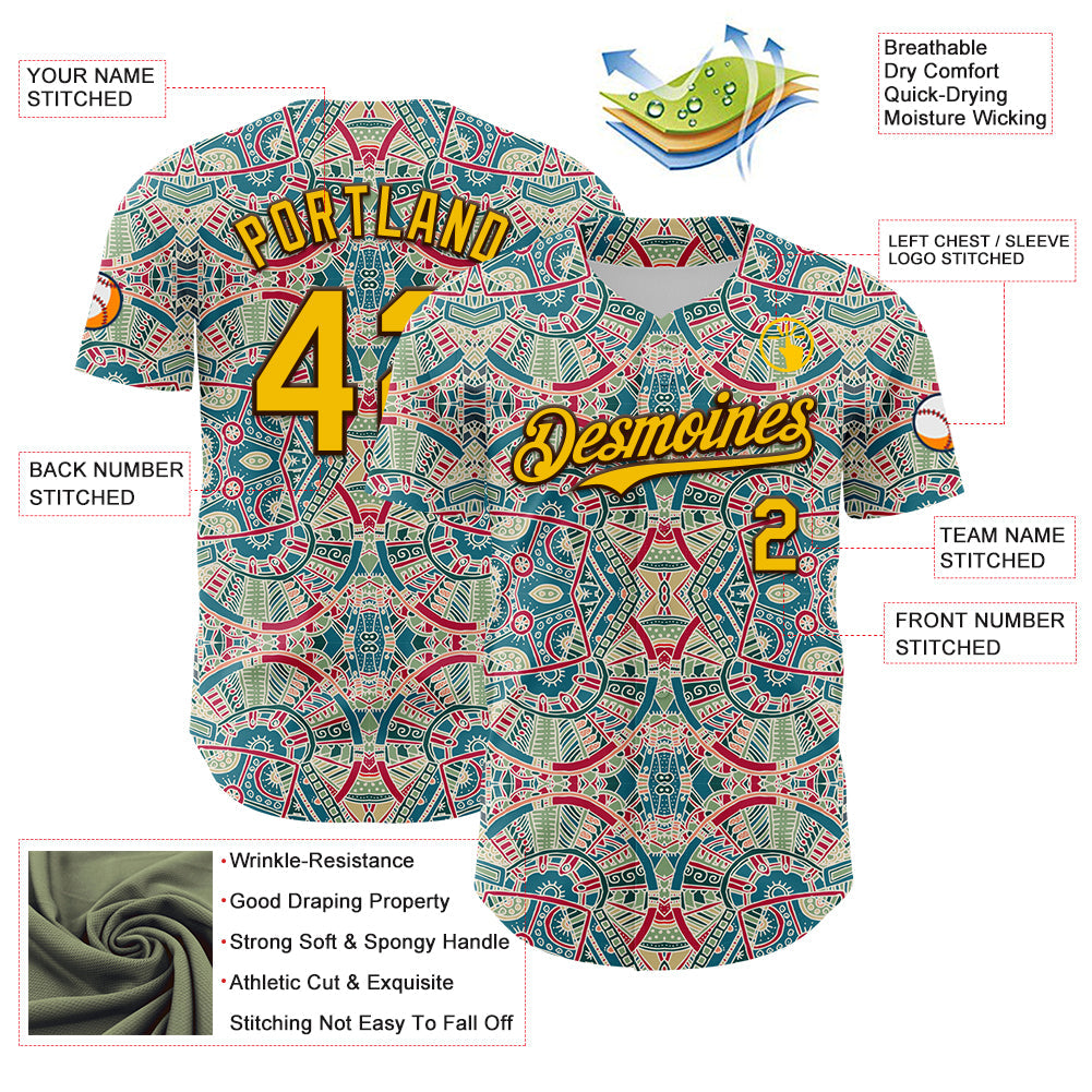 Custom Green Yellow-Brown 3D Pattern Design Burner Costumes Exotic Authentic Baseball Jersey view 3