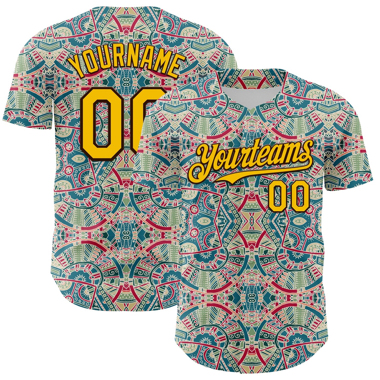 Custom Green Yellow-Brown 3D Pattern Design Burner Costumes Exotic Authentic Baseball Jersey - Main View