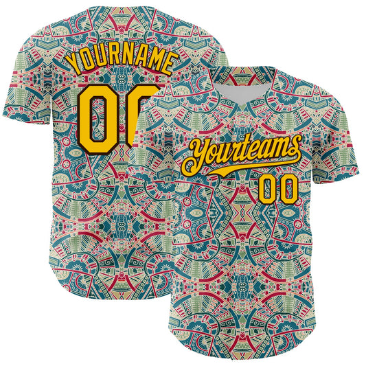 Custom Green Yellow-Brown 3D Pattern Design Burner Costumes Exotic Authentic Baseball Jersey - Main View