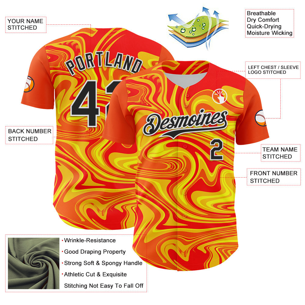 Custom Orange Black Gold-White 3D Pattern Design Rave Party Marble Lava Authentic Baseball Jersey view 3