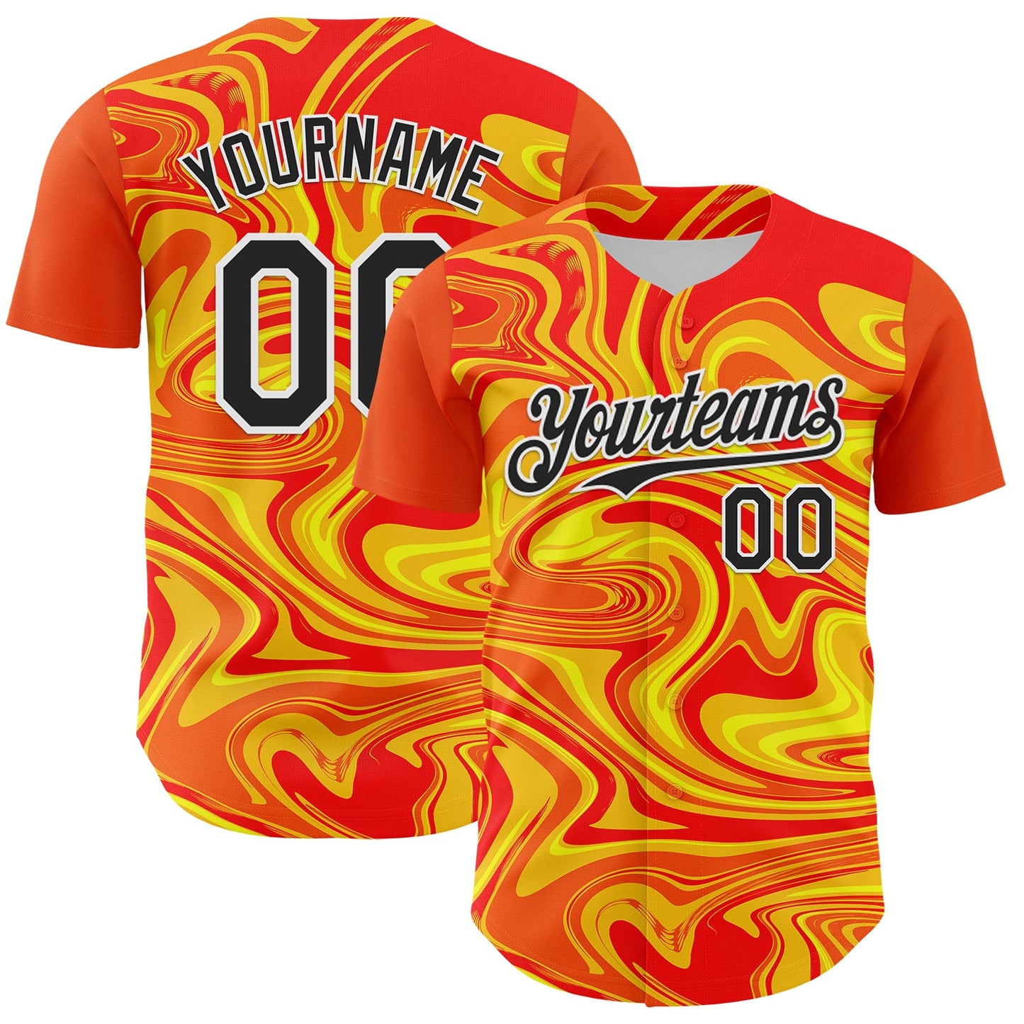 Custom Orange Black Gold-White 3D Pattern Design Rave Party Marble Lava Authentic Baseball Jersey - Main View