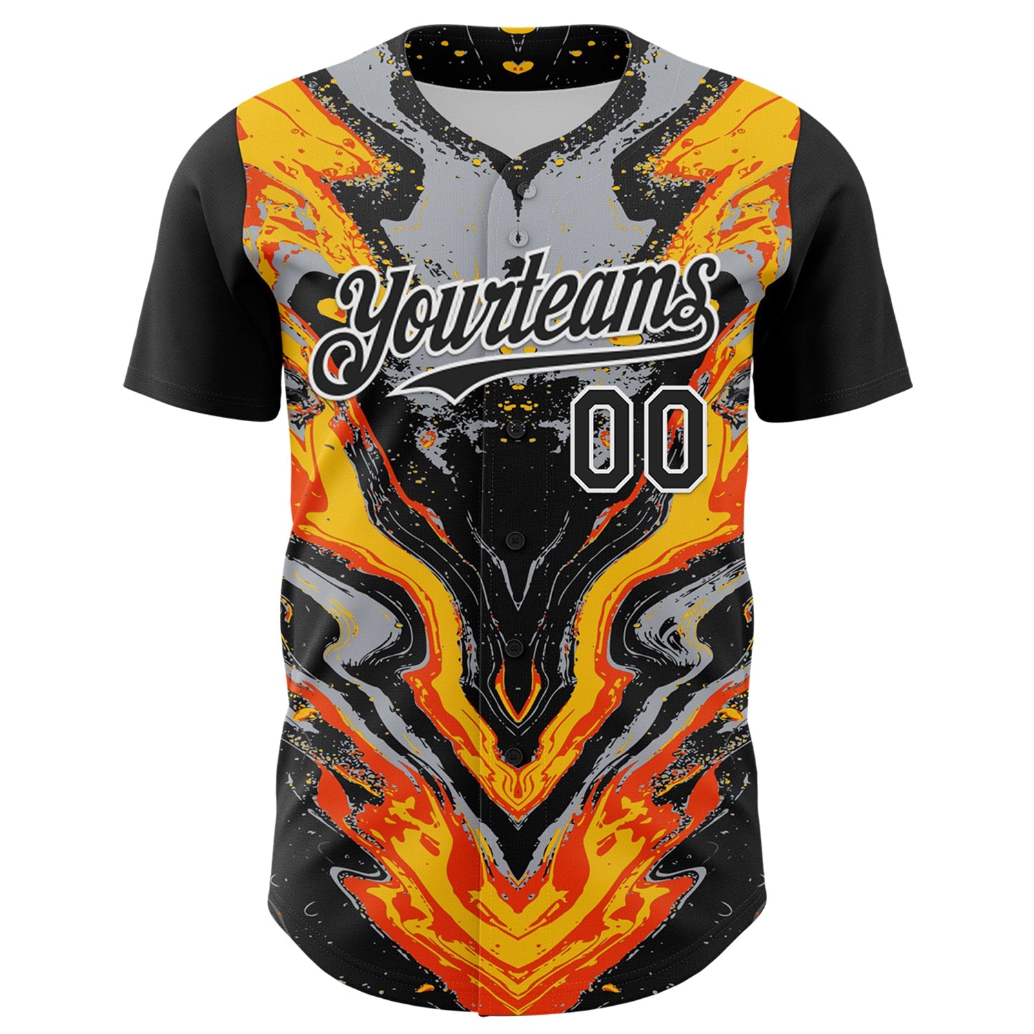 Custom Black Gray Orange Yellow-White 3D Pattern Design Rave Party Marble Lava Authentic Baseball Jersey view 2
