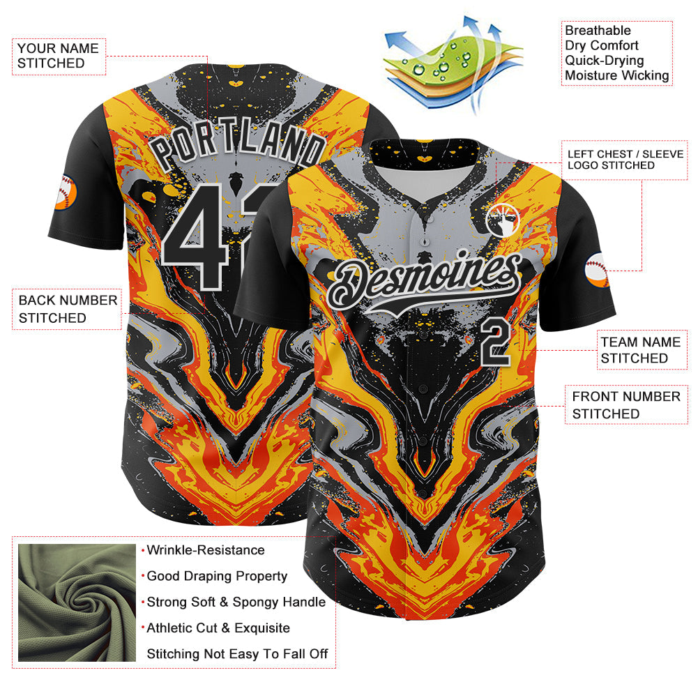 Custom Black Gray Orange Yellow-White 3D Pattern Design Rave Party Marble Lava Authentic Baseball Jersey view 3