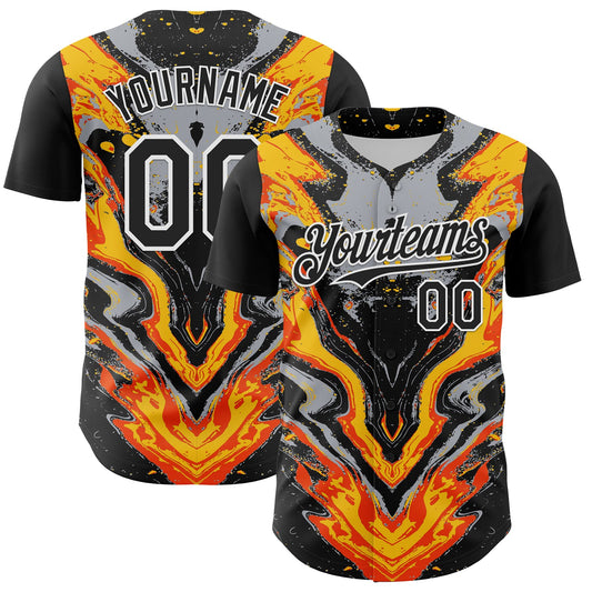 Custom Black Gray Orange Yellow-White 3D Pattern Design Rave Party Marble Lava Authentic Baseball Jersey - Main View