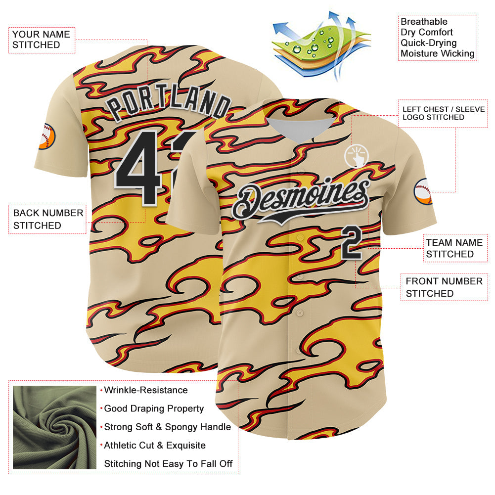 Custom City Cream Black-White 3D Pattern Design Rave Party Flame Authentic Baseball Jersey view 3