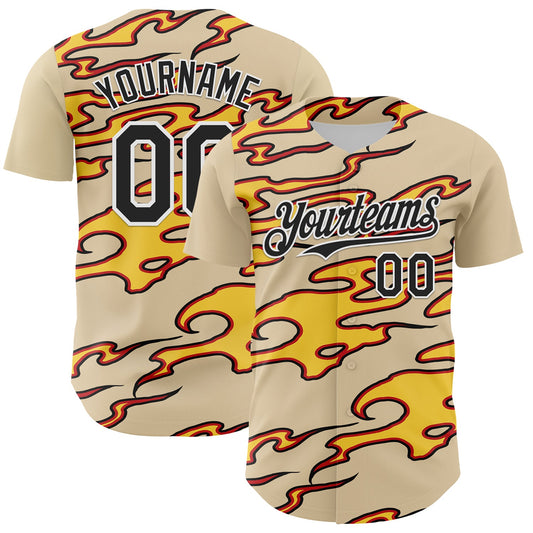 Custom City Cream Black-White 3D Pattern Design Rave Party Flame Authentic Baseball Jersey - Main View