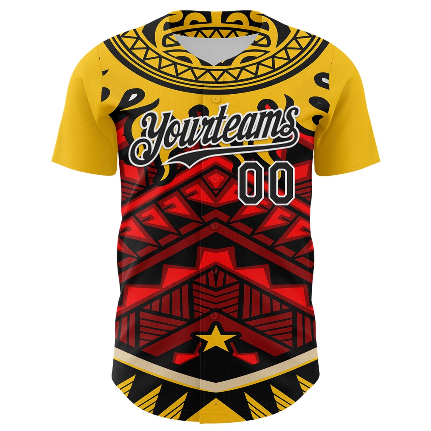Custom Yellow Black Red-White 3D Pattern Design Rave Party Tribal Authentic Baseball Jersey view 2