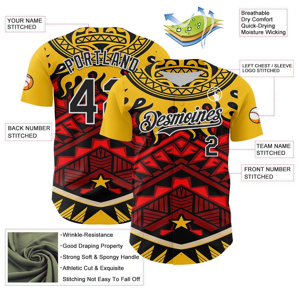Custom Yellow Black Red-White 3D Pattern Design Rave Party Tribal Authentic Baseball Jersey view 3