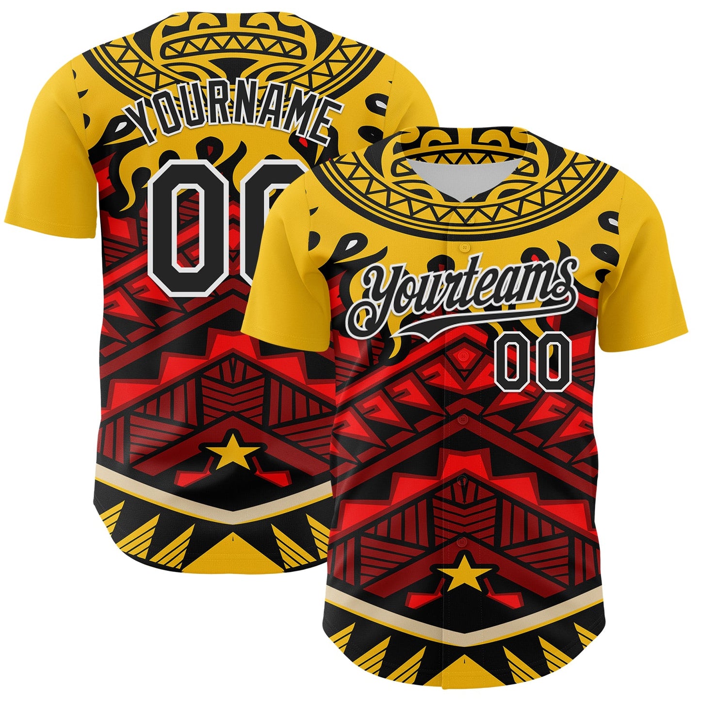 Custom Yellow Black Red-White 3D Pattern Design Rave Party Tribal Authentic Baseball Jersey - Main View