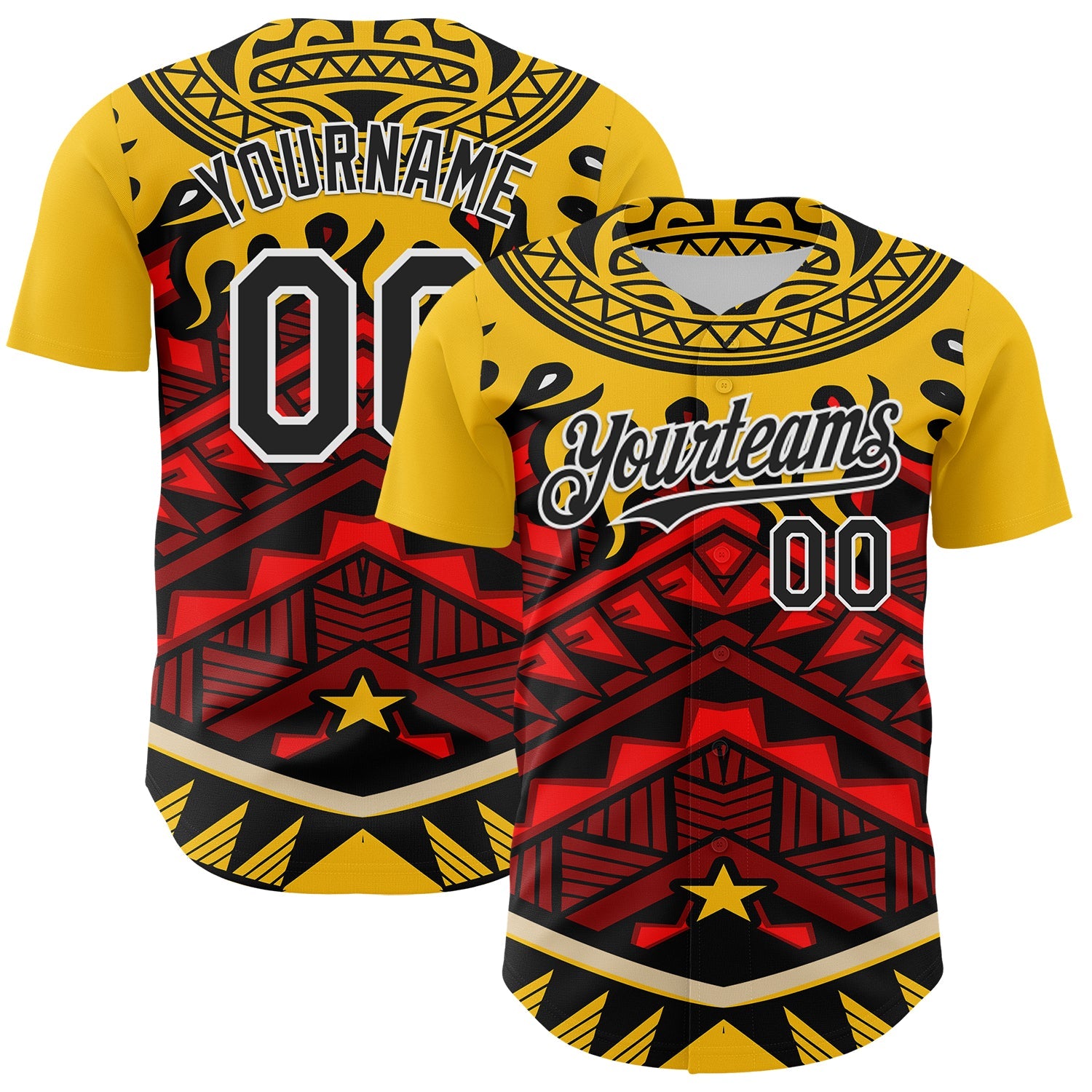 Custom Yellow Black Red-White 3D Pattern Design Rave Party Tribal Authentic Baseball Jersey - Main View