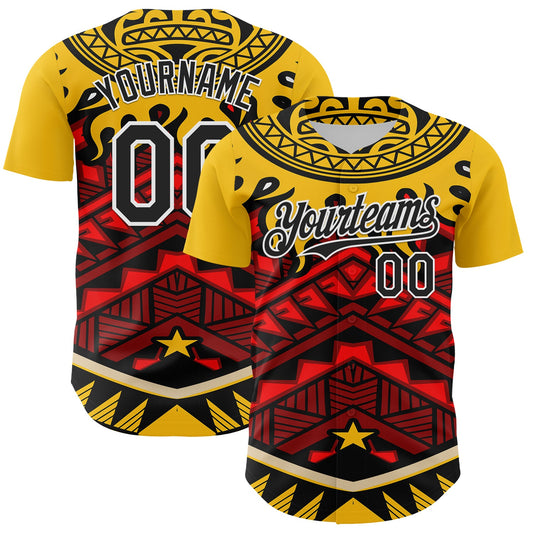 Custom Yellow Black Red-White 3D Pattern Design Rave Party Tribal Authentic Baseball Jersey - Main View