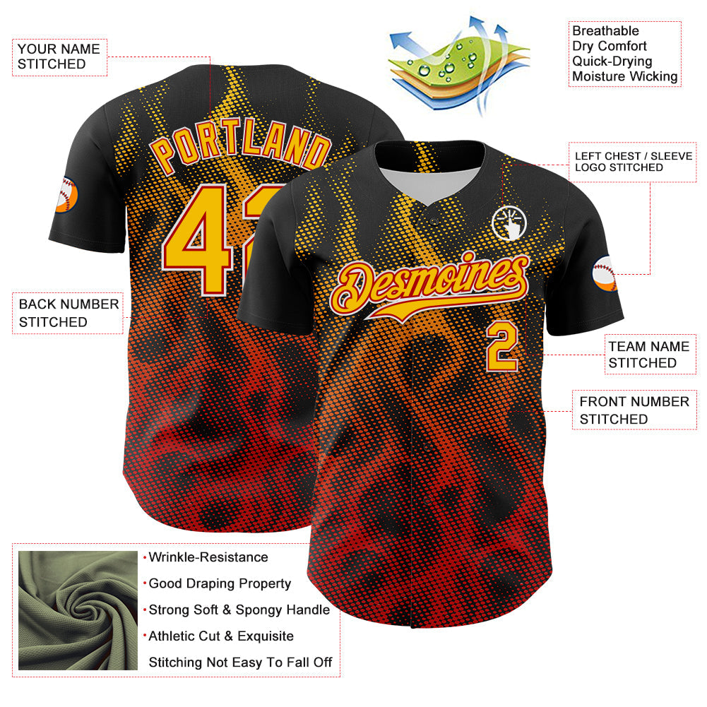 Custom Black Yellow Red-White 3D Pattern Design Rave Party Flame Authentic Baseball Jersey view 3