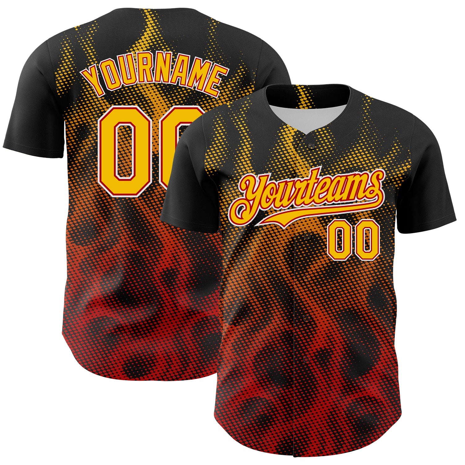 Custom Black Yellow Red-White 3D Pattern Design Rave Party Flame Authentic Baseball Jersey - Main View