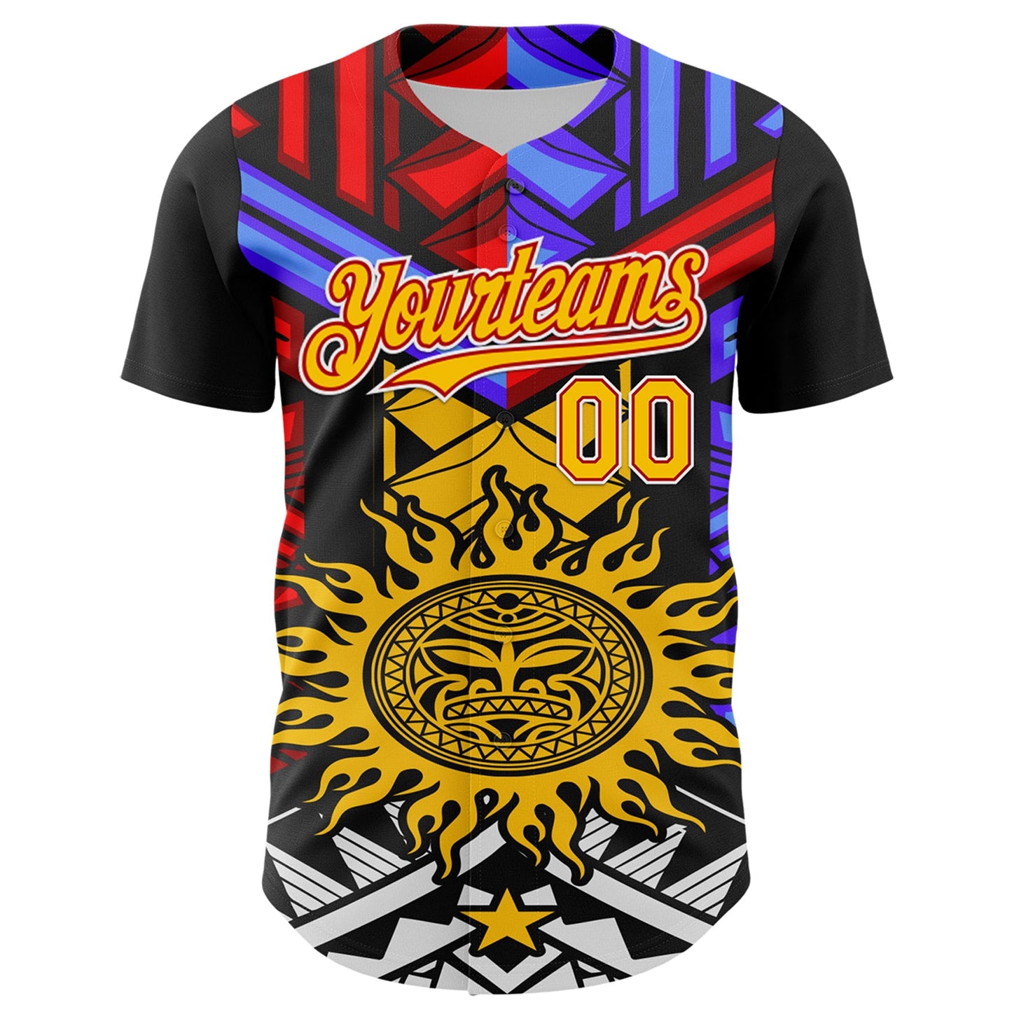 Custom Black Yellow Red-White 3D Pattern Design Rave Party Sun Tribal Authentic Baseball Jersey view 2