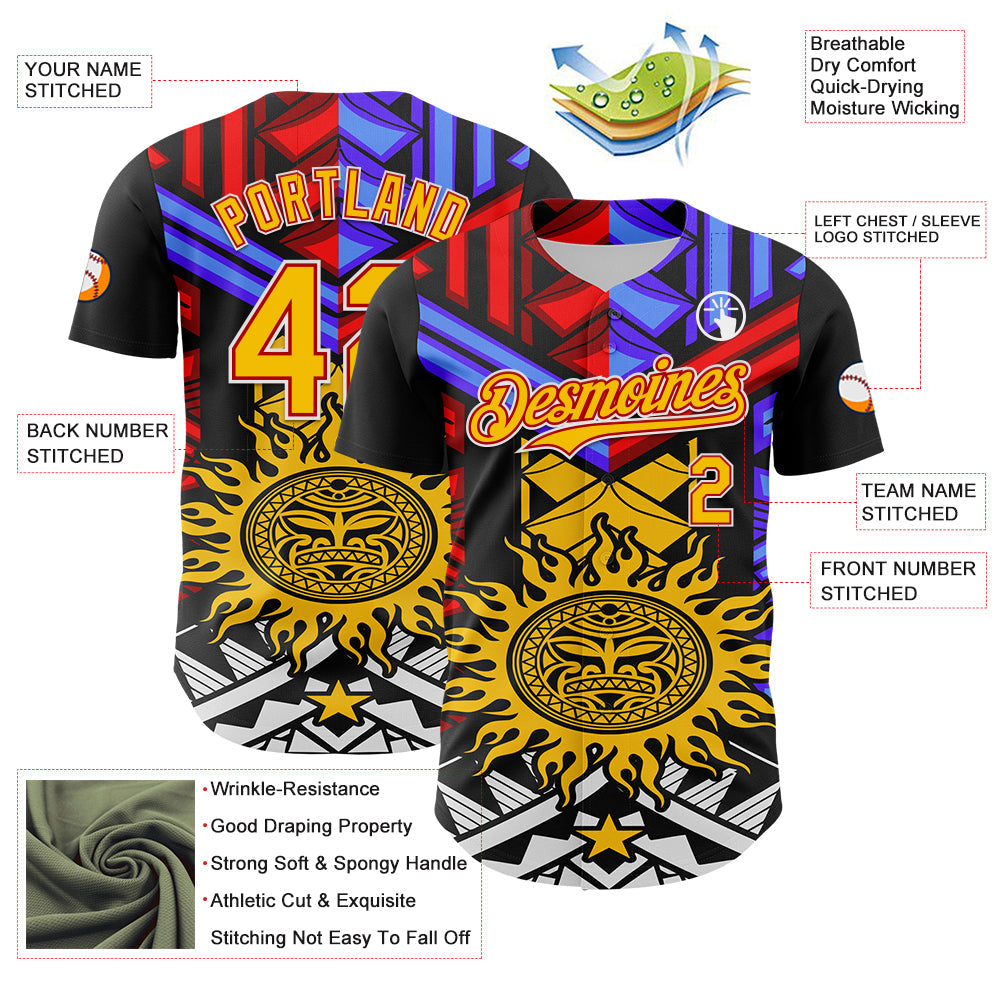 Custom Black Yellow Red-White 3D Pattern Design Rave Party Sun Tribal Authentic Baseball Jersey view 3