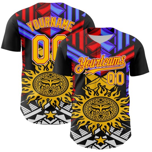Custom Black Yellow Red-White 3D Pattern Design Rave Party Sun Tribal Authentic Baseball Jersey - Main View