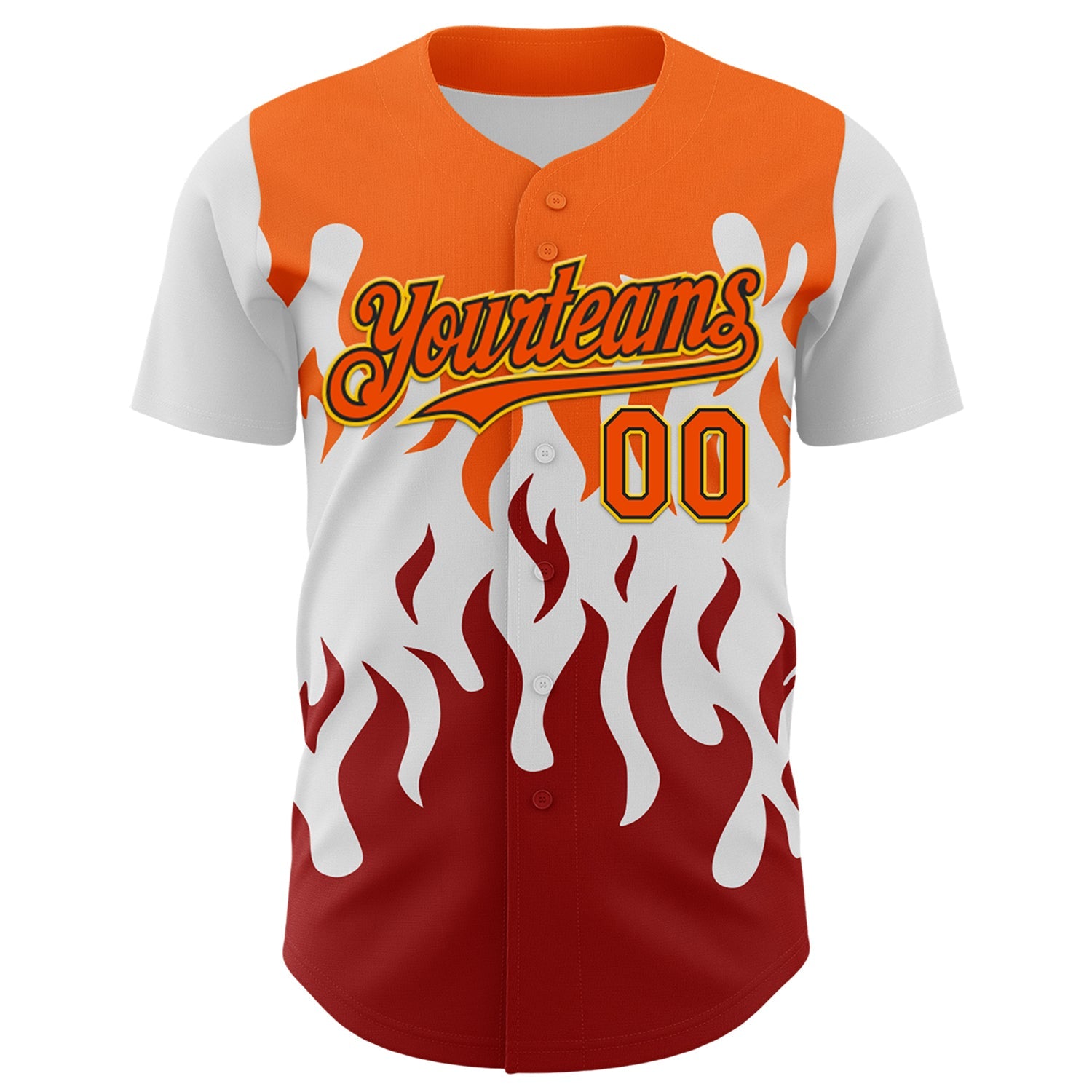 Custom White Orange Red Black-Yellow 3D Pattern Design Rave Party Flame Authentic Baseball Jersey view 2