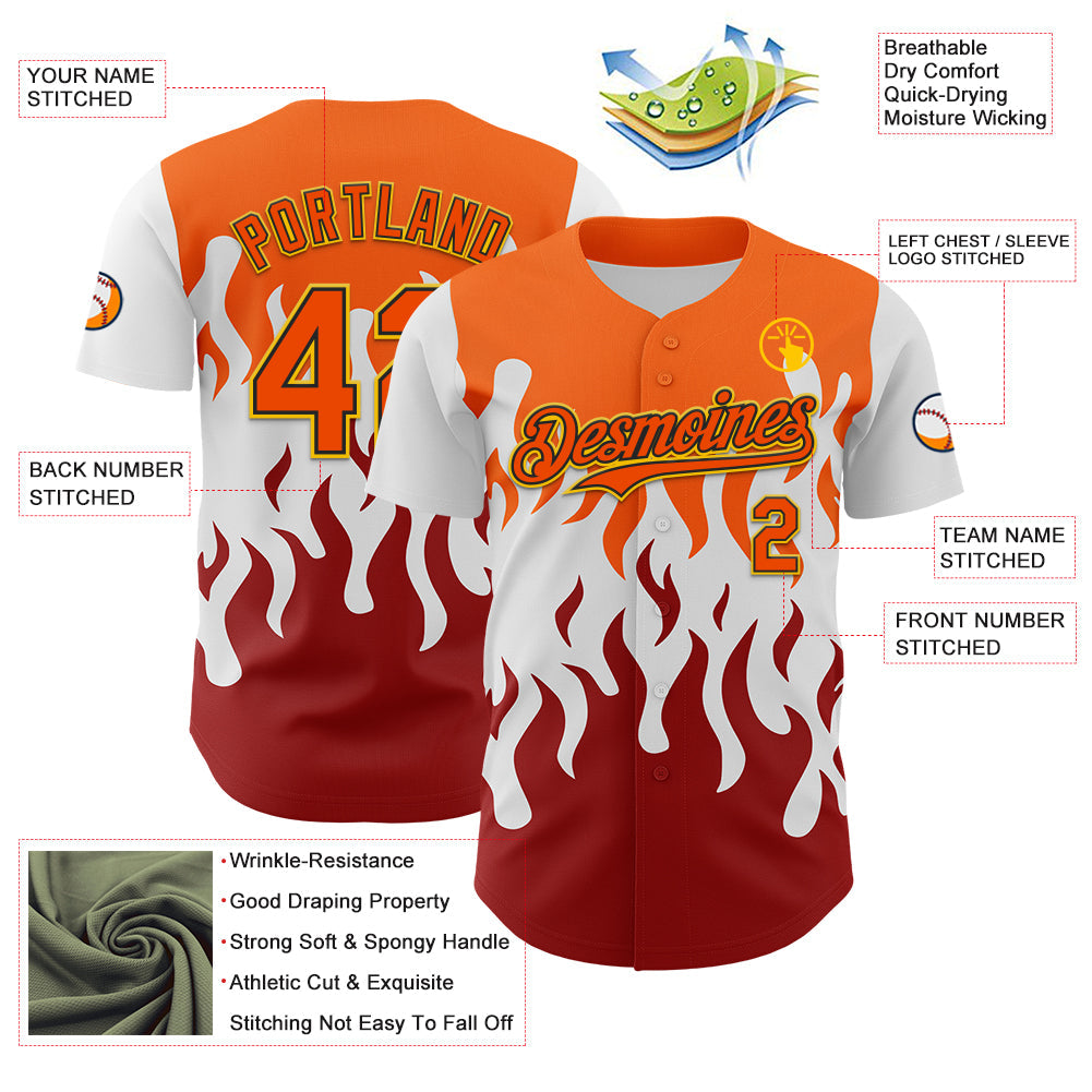 Custom White Orange Red Black-Yellow 3D Pattern Design Rave Party Flame Authentic Baseball Jersey view 3