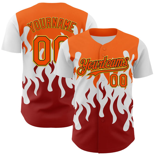 Custom White Orange Red Black-Yellow 3D Pattern Design Rave Party Flame Authentic Baseball Jersey - Main View