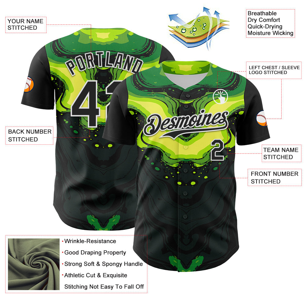 Custom Black Green-White 3D Pattern Design Rave Party Poison Liquid Authentic Baseball Jersey view 3