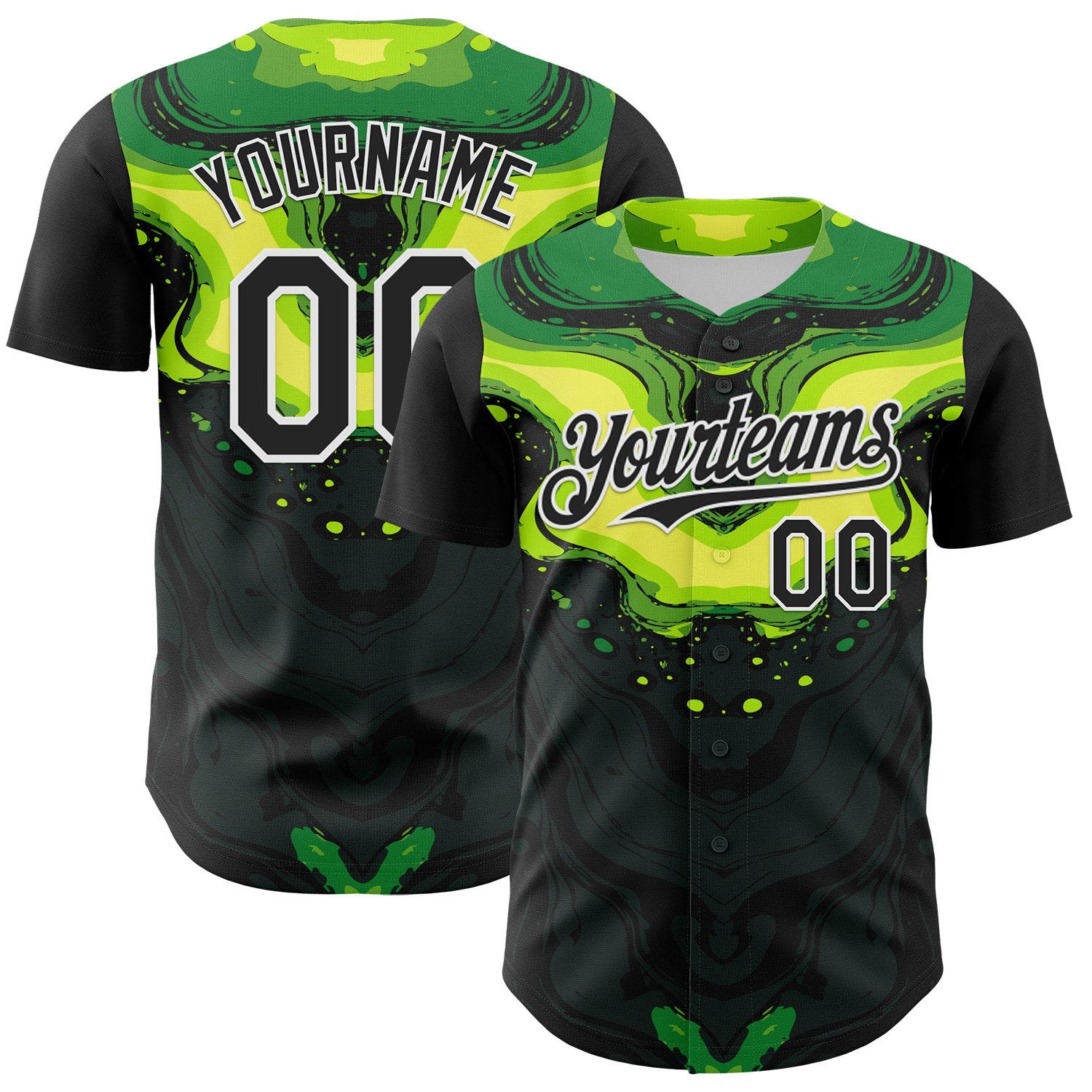 Custom Black Green-White 3D Pattern Design Rave Party Poison Liquid Authentic Baseball Jersey - Main View